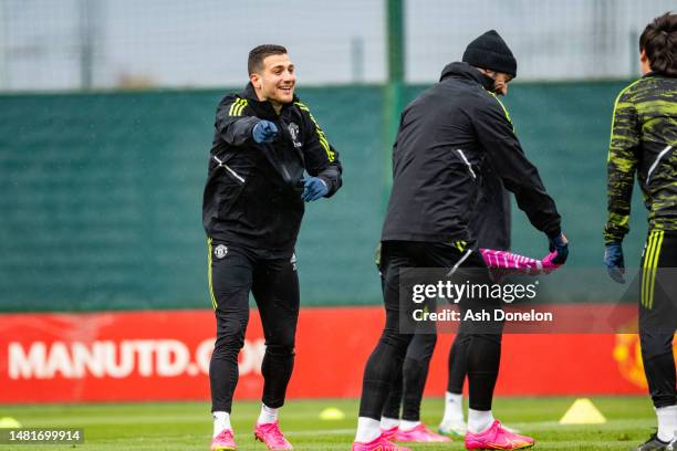 Diogo Dalot of Manchester United in action during a first team training session ahead of their UEFA Europa League quarterfinal first leg match...