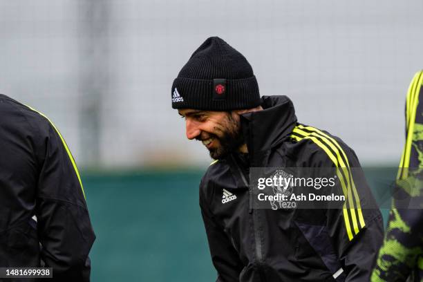 Bruno Fernandes of Manchester United in action during a first team training session ahead of their UEFA Europa League quarterfinal first leg match...