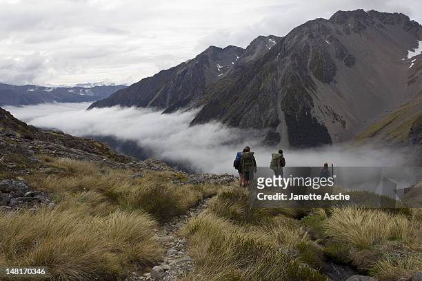 hikers in valley - nelson lakes national park stock pictures, royalty-free photos & images