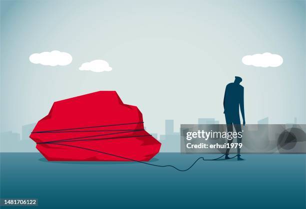 man tied to boulder - tied up stock illustrations