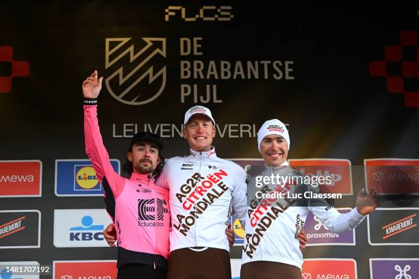 Ben Healy of Ireland and Team EF Education-EasyPost on second place, race winner Dorian Godon of France and AG2R Citroën Team and Benoît Cosnefroy of...