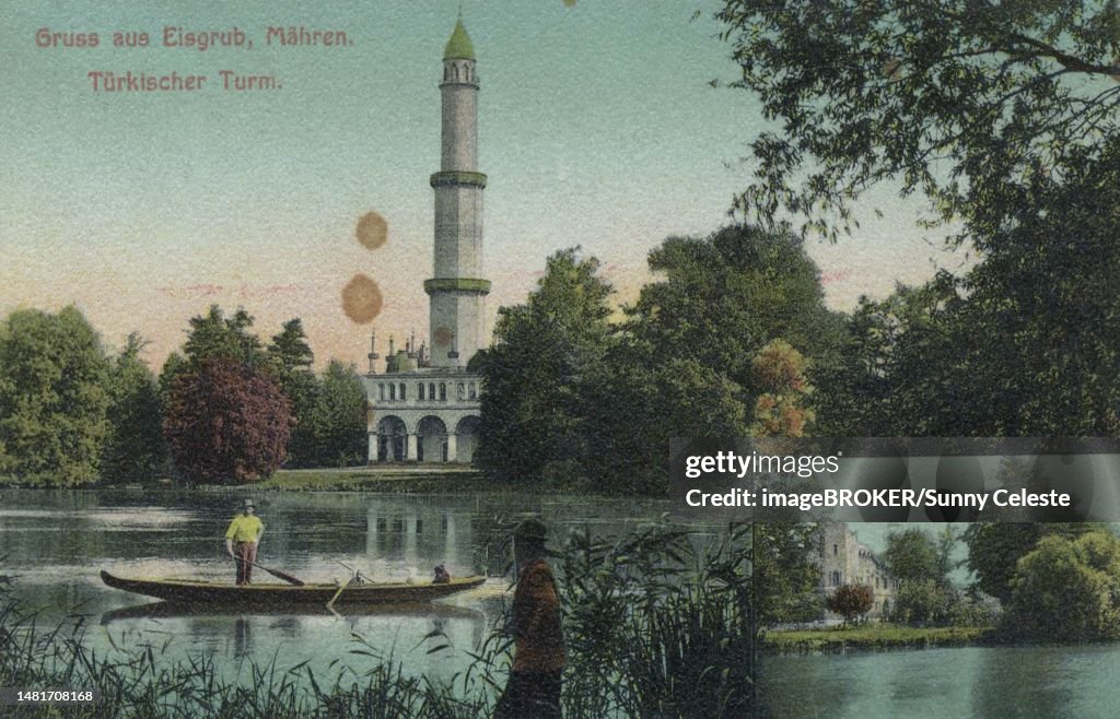 Turkish tower in Eisgrub, Moravia, today Lednice, Czech Republic, view around ca 1910, digital reproduction of a historical postcard, from that time, exact date unknown