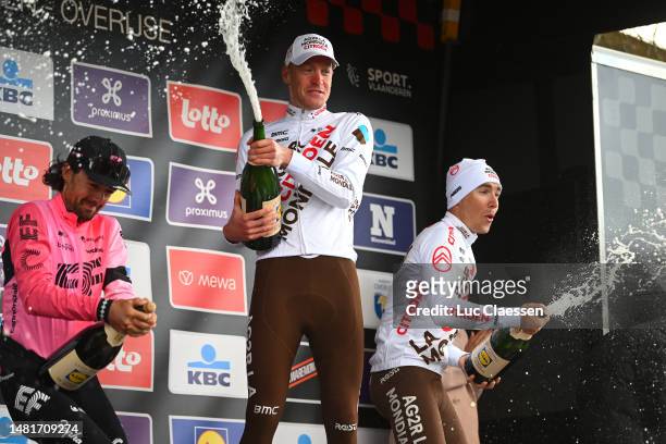 Ben Healy of Ireland and Team EF Education-EasyPost on second place, race winner Dorian Godon of France and AG2R Citroën Team and Benoît Cosnefroy of...