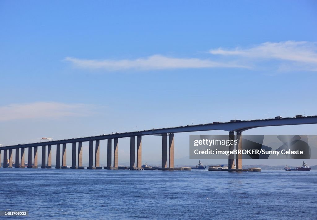 The Niteroi Bridge, Ponte Presidente Costa e Silva, over Guanabara Bay in the Brazilian state of Rio de Janeiro. It connects the city of Rio de Janeiro with the neighbouring city of Niteroi, Brazil, to the east