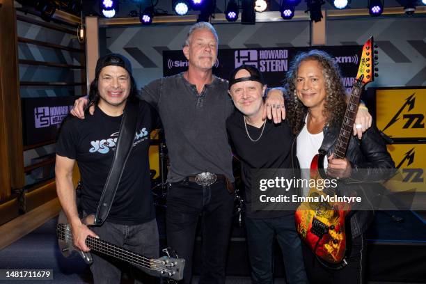 Robert Trujillo, James Hetfield, Lars Ulrich, and Kirk Hammett of Metallica visit SiriusXM's 'The Howard Stern Show' at SiriusXM Studios on April 12,...