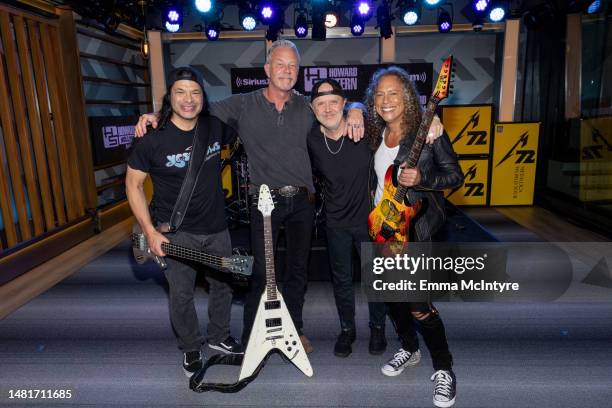 Robert Trujillo, James Hetfield, Lars Ulrich, and Kirk Hammett of Metallica visit SiriusXM's 'The Howard Stern Show' at SiriusXM Studios on April 12,...