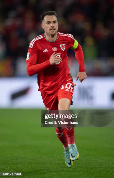 Aaron Ramsey of Wales in action during the UEFA EURO 2024 qualifying round group D match between Wales and Latvia at Cardiff City Stadium on March...