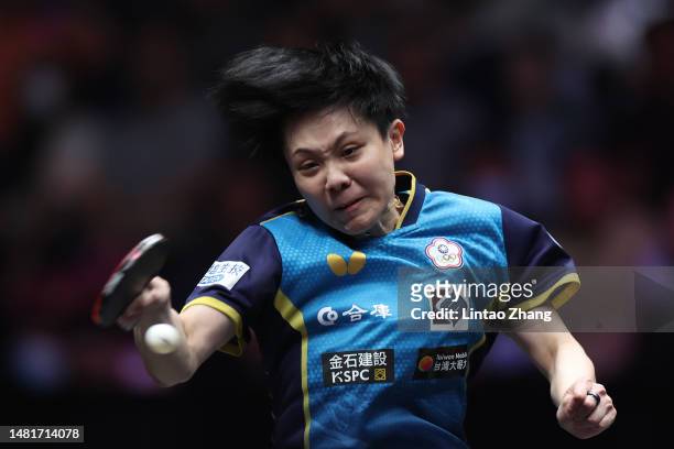 Cheng I-ching of Chinese Taipei competes against Wang Yidi of China in their Women's singles Round of 16 match on day 4 of WTT Champions Xinxiang...