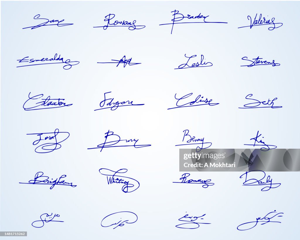 Satz von Signaturen auf blauem Hintergrund.