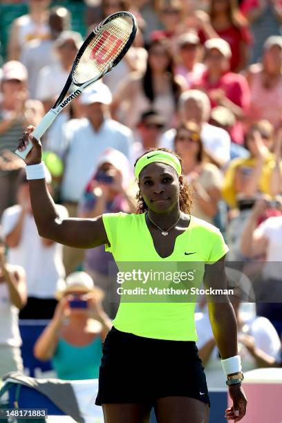 Serena Williams acknowledges the crowd after her win over Nicole Bibbs during the Bank of the West Classic at Stanford University Taube Family Tennis...