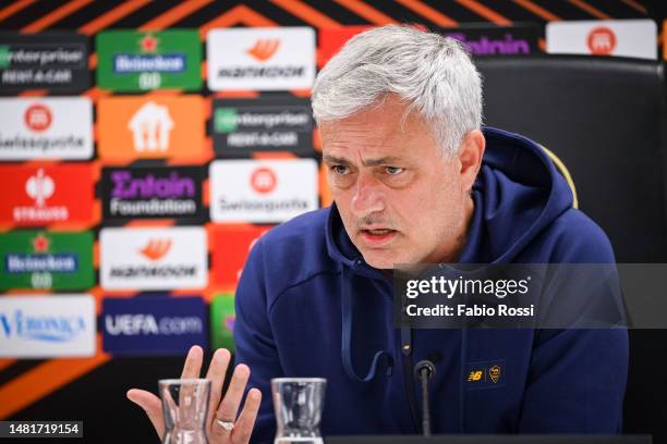 Roma coach Josè Mourinho during a press conference at Stadion Feijenoord 'De Kuip' on April 12, 2023 in Rome, Italy.