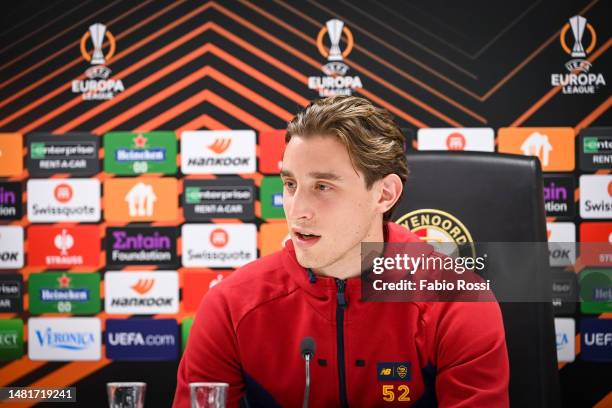 Roma player Edoardo Bove during a press conference at Stadion Feijenoord 'De Kuip' on April 12, 2023 in Rome, Italy.