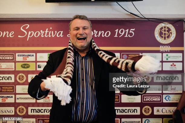 Livorno football club unveil new owner and President Joel Esciua during a press conference at Stadio Armando Picchi on April 12, 2023 in Livorno,...