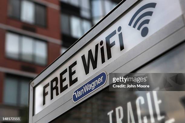 Free Wi-Fi hotspot beams broadband internet from atop a public phone booth on July 11, 2012 in Manhattan, New York City. New York City launched a...