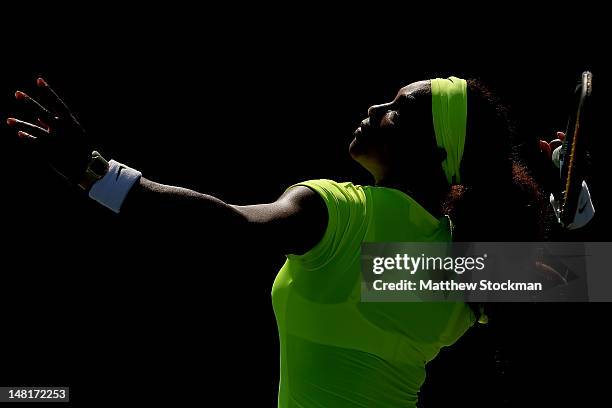 Serena Williams serves to Nicole Gibbs during the Bank of the West Classic at Stanford University Taube Family Tennis Stadium on July 11, 2012 in...