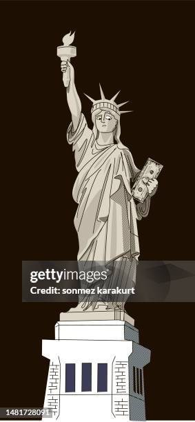 freiheitsstatue mit dollar - statue of liberty cartoon stock-grafiken, -clipart, -cartoons und -symbole