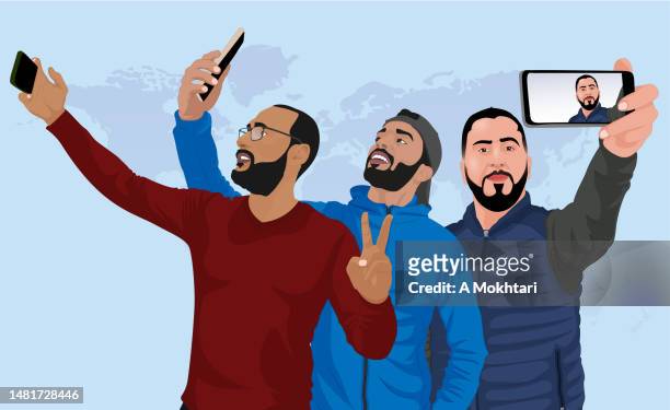 three people taking a selfie. - all men group selfie stock illustrations