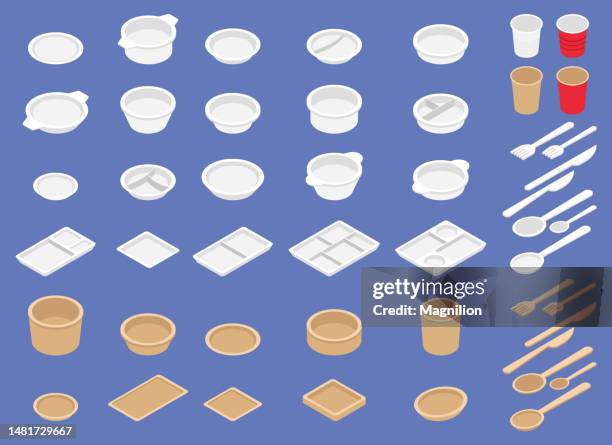 disposable tableware set isometric vector - plastic food stock illustrations