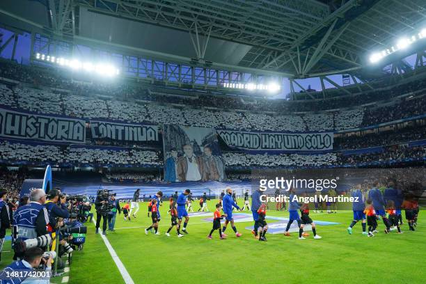 General view of the inside of the stadium as players of Real Madrid and Chelsea walk out of the tunnel onto the pitch prior to the UEFA Champions...