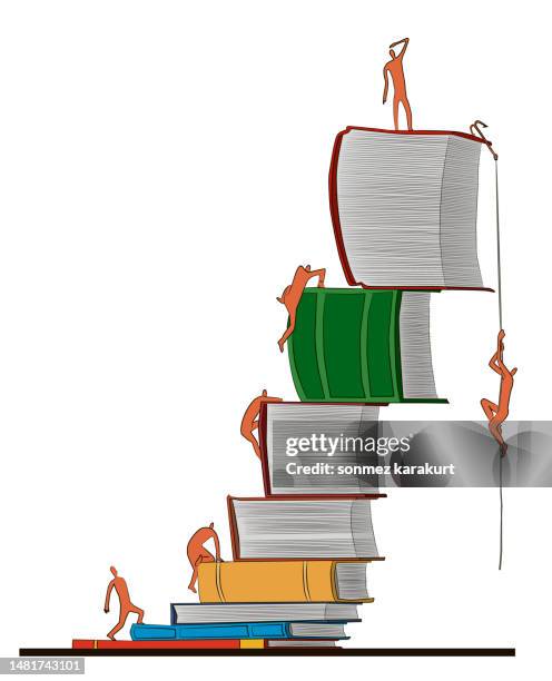 stockillustraties, clipart, cartoons en iconen met people climbing the ladder of books. - dik geconcentreerd