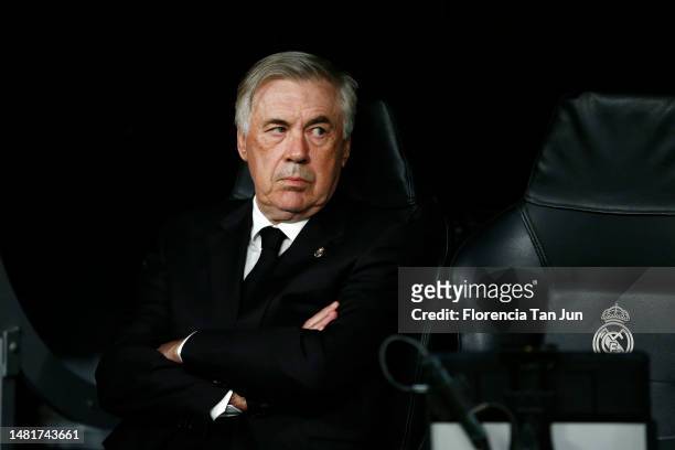 Carlo Ancelotti, Manager of Real Madrid, looks on prior to the UEFA Champions League quarterfinal first leg match between Real Madrid and Chelsea FC...