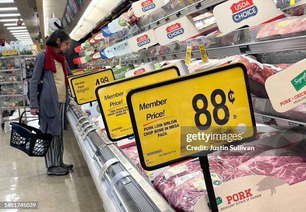 Customer shops for meat at a Safeway store on April 12, 2023 in San Rafael, California. According to a report by the Bureau of Labor Statistics,...