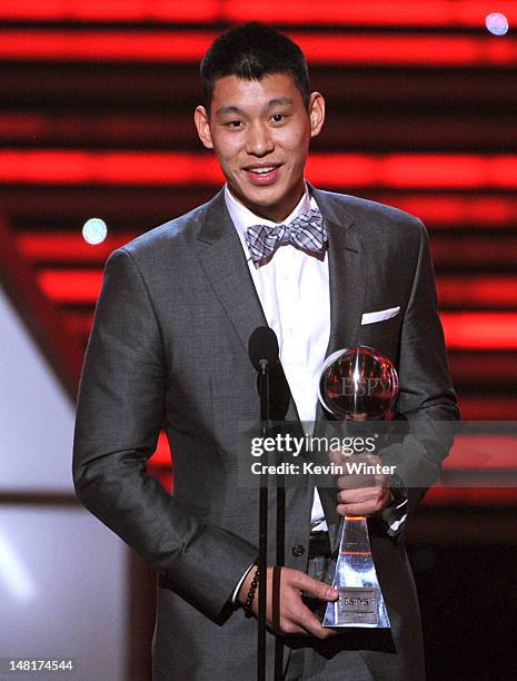 Player Jeremy Lin of the New York Knicks accepts the Best Breakthrough Athlete award onstage during the 2012 ESPY Awards at Nokia Theatre L.A. Live...