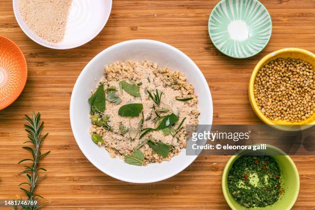 bowl with preparing food - seitan foto e immagini stock