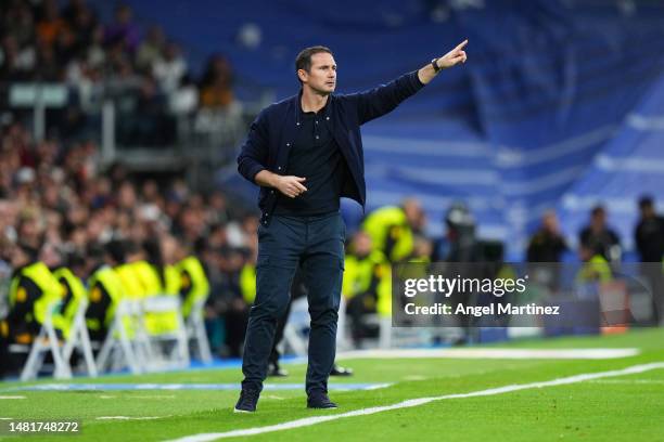 Frank Lampard, Caretaker Manager of Chelsea, gestures during the UEFA Champions League quarterfinal first leg match between Real Madrid and Chelsea...