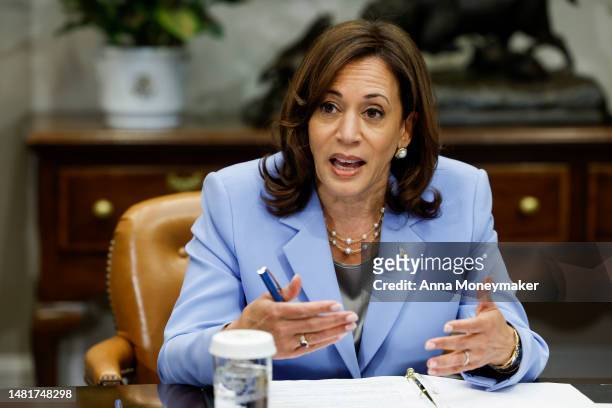 Vice President Kamala Harris speaks during the start of a meeting with the Biden administration’s Task Force on Reproductive Health Care Access in...