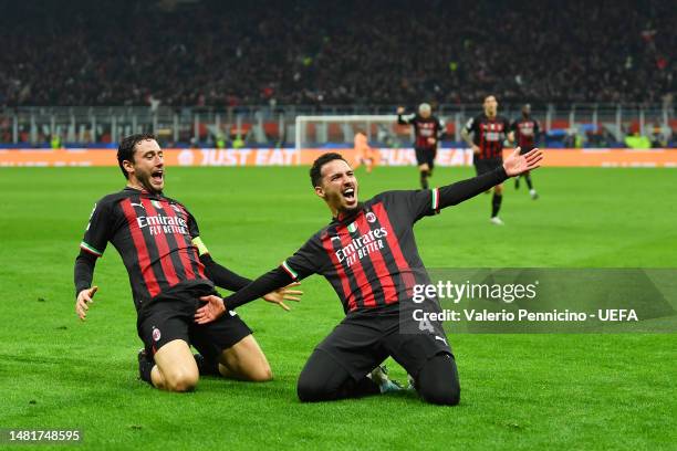 Ismael Bennacer of AC Milan celebrates with teammate Davide Calabria after scoring the team's first goal during the UEFA Champions League...
