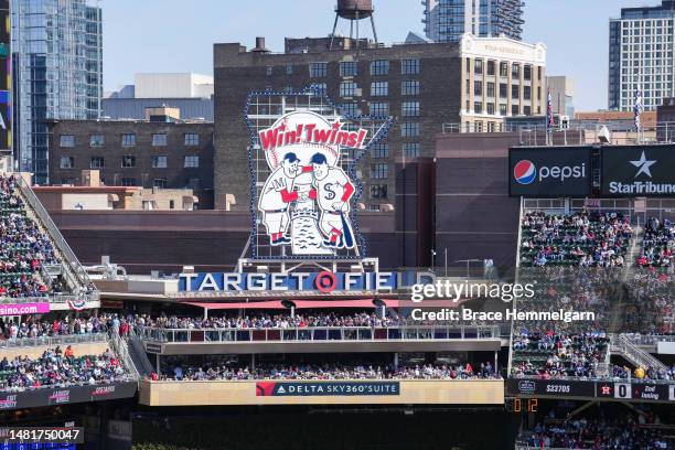 General view of the celebration sign during a game between the Minnesota Twins and Houston Astros on April 7, 2023 at Target Field in Minneapolis,...