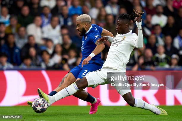 Eduardo Camavinga of Real Madrid CF battle for the ball with Reece James of Chelsea FC during the UEFA Champions League quarterfinal first leg match...