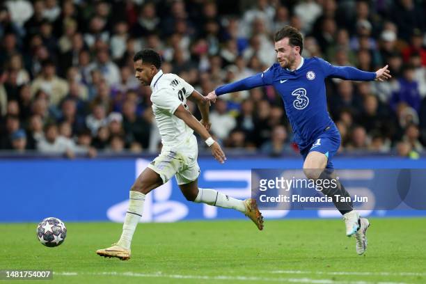 Rodrygo of Real Madrid is fouled by Ben Chilwell of Chelsea, which results in a Red Card for Ben Chilwell, during the UEFA Champions League...