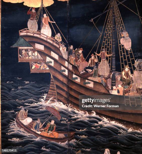 Detail of a screen depicting Portuguese carracks at Nagasaki, Several of the crew members are Goanese. Japan. Japanese. 17th century.