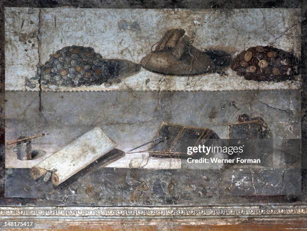 Painting Still Life writing materials and money, Italy. Roman. 1st century AD. Pompeii.