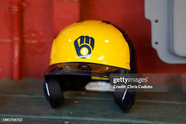 Milwaukee Brewers helmet is seen in the dugout before the game against the Arizona Diamondbacks at Chase Field on April 10, 2023 in Phoenix, Arizona....