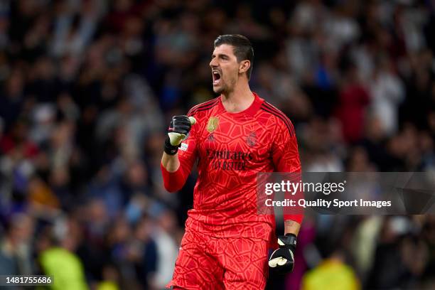 Thibaut Courtois of Real Madrid CF reacts during the UEFA Champions League quarterfinal first leg match between Real Madrid and Chelsea FC at Estadio...