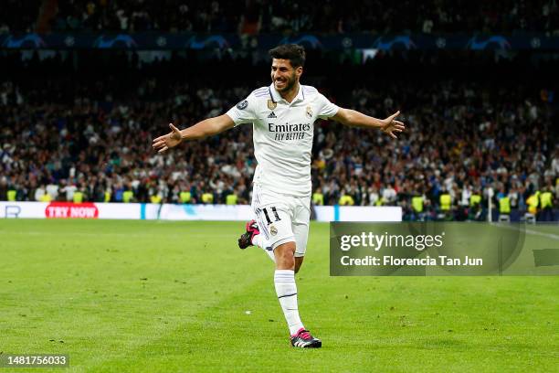 Marco Asensio of Real Madrid celebrates after scoring the team's second goal during the UEFA Champions League quarterfinal first leg match between...