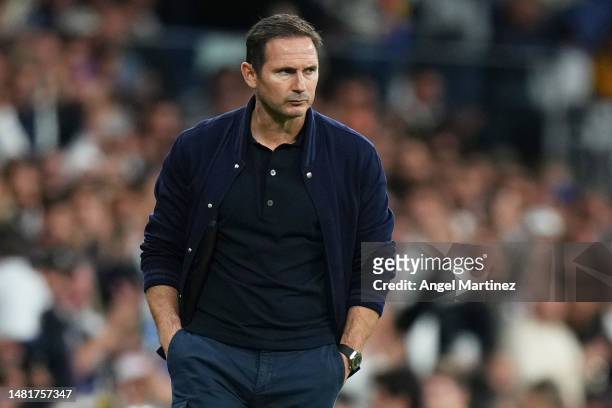 Frank Lampard, Caretaker Manager of Chelsea, looks dejected during the UEFA Champions League quarterfinal first leg match between Real Madrid and...