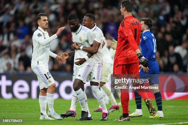 Antonio Ruediger of Real Madrid is congratulated by teammates after blocking a chance for Mason Mount of Chelsea during the UEFA Champions League...