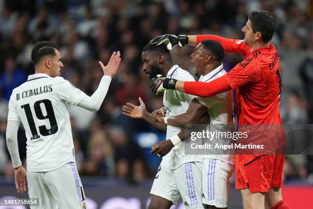 Antonio Ruediger of Real Madrid is congratulated by teammates after blocking a chance for Mason Mount of Chelsea during the UEFA Champions League...