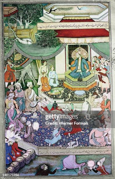 16th century illustration of a 14th century Persian story 'The History of the Mongols', Mangu Khan, brother of Kublai Khan, holds a feast at...