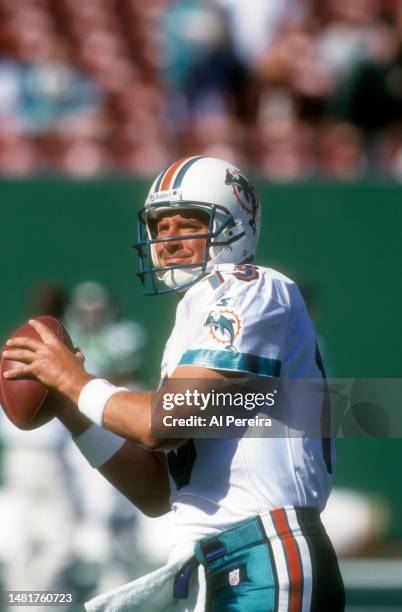 Quarterback Dan Marino of the Miami Dolphins passes the ball in the game between the Miami Dolphins vs the New York Jets at The Meadowlands on...