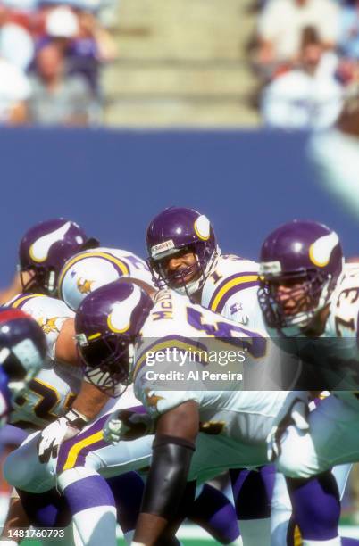 Quarterback Warren Moon of the Minnesota Vikings calls a play in the game between the Minnesota Vikings vs the New York Giants at Giants Stadium on...