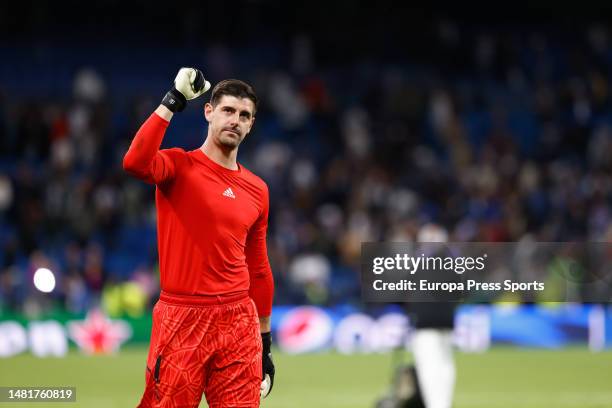 Thibaut Courtois of Real Madrid celebrates the victory during the UEFA Champions League, Quarter Finals round 1, football match between Real Madrid...