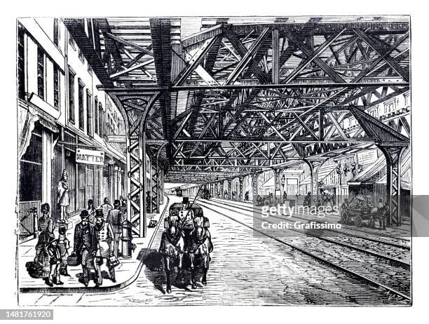 elevated railway in bowery in new york city 1880 - third avenue bridge stock illustrations