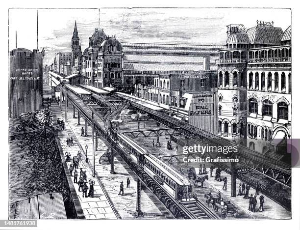 ilustraciones, imágenes clip art, dibujos animados e iconos de stock de ferrocarril elevado en la estación grand central terminal hudson en la ciudad de nueva york 1880 - 1880