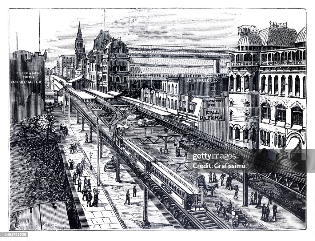 Elevated railway at Grand central terminal Hudson Station in New York City 1880