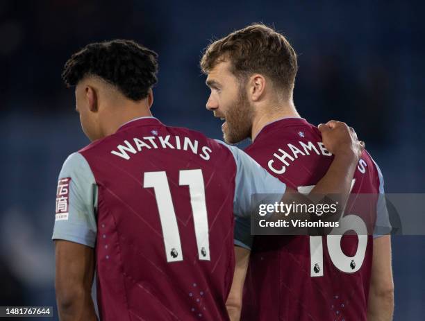 Ollie Watkins and Calum Chambers of Aston Villa during the Premier League match between Leicester City and Aston Villa at The King Power Stadium on...